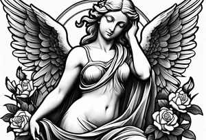 Simple Angel statue stood on a rock with daffodils and roses wrapped around its legs tattoo idea
