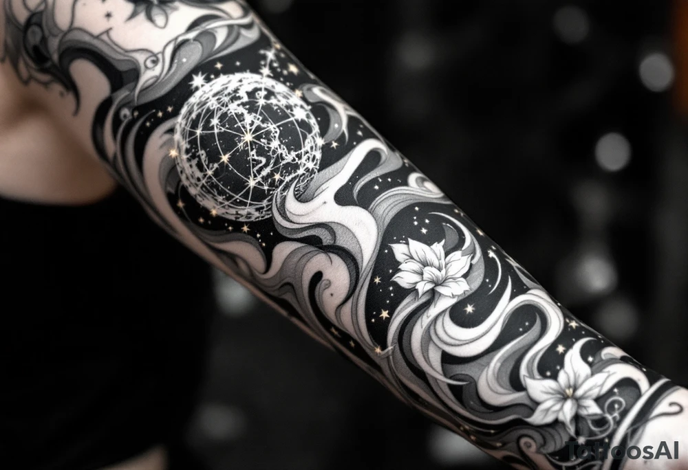 A realistic celestial globe in grayscale features the Libra symbol and Libra star constellation accented with golden stars. tattoo idea