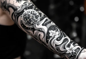 A realistic celestial globe in grayscale features the Libra symbol and Libra star constellation accented with golden stars. tattoo idea