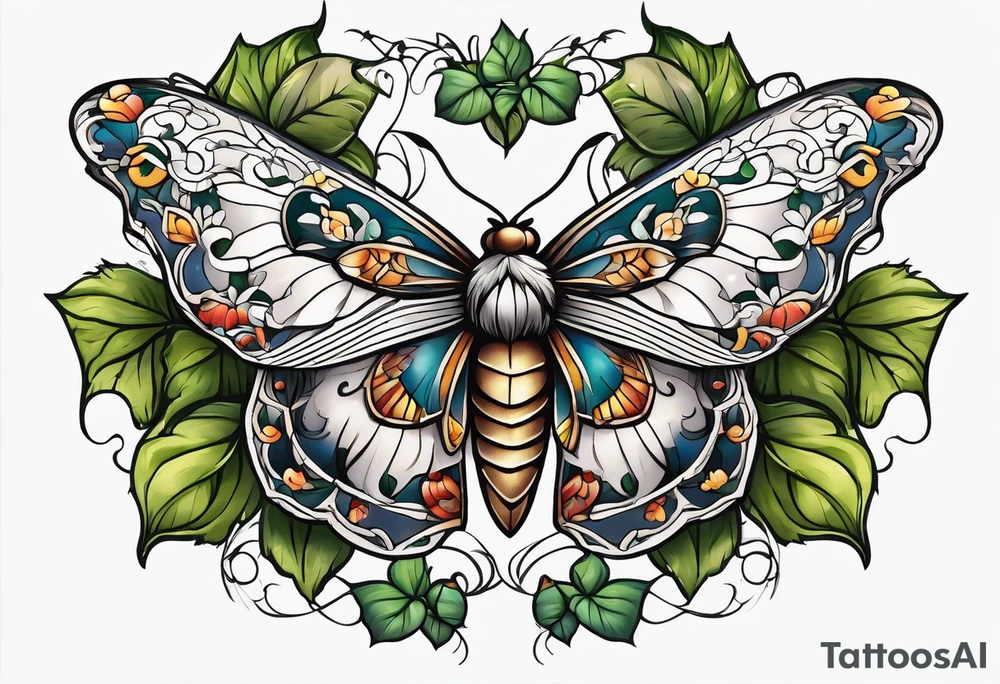 Moth flying around and winding ivy tattoo idea