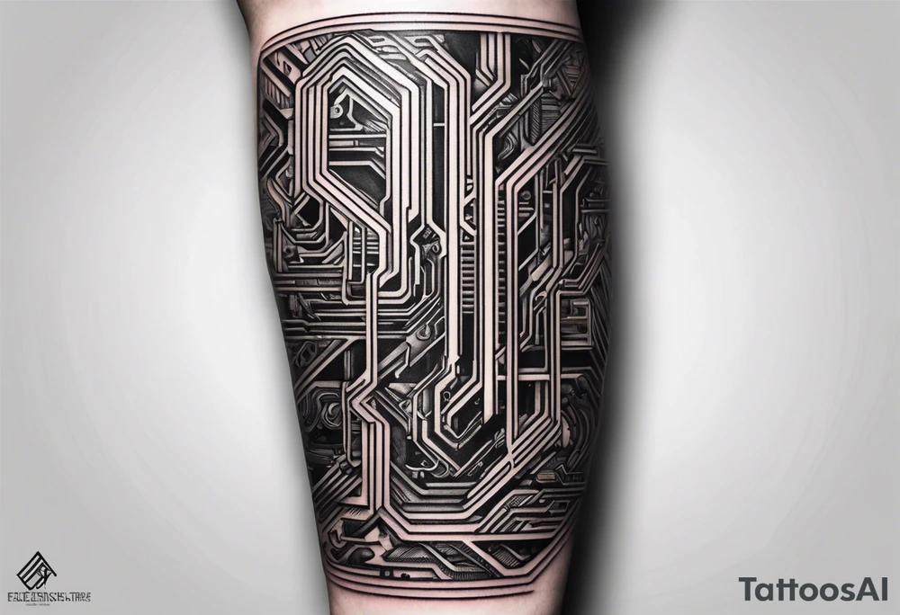 Located on the inner forearm. Technology inspired with circuits. Incorporate two bolder lines that go fully around the arm. It should be minimalistic. tattoo idea