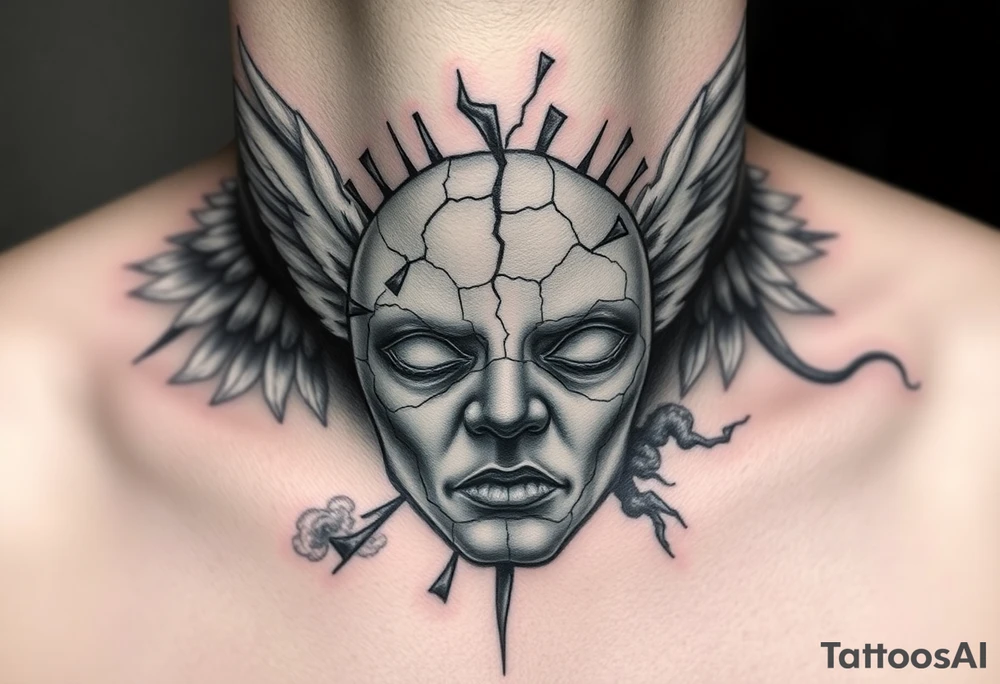Realistic black and grey neck tattoo design. In the center of the throat, a human mask made of cracked stone or porcelain with natural facial features. The mask is breaking apart from the pressure of both sides — a screaming angel on the left and a screaming demon on the right. From the cracks on the angel’s side, soft white and blue light emerges; from the demon’s side, dark smoke and shadow flow out. The mask’s fragments slightly detach, revealing inner light and darkness mixing at the center. Highly detailed realism with strong contrast, fine shading, emotional and symbolic atmosphere, representing the true self shattered by the inner battle between good and evil. tattoo idea