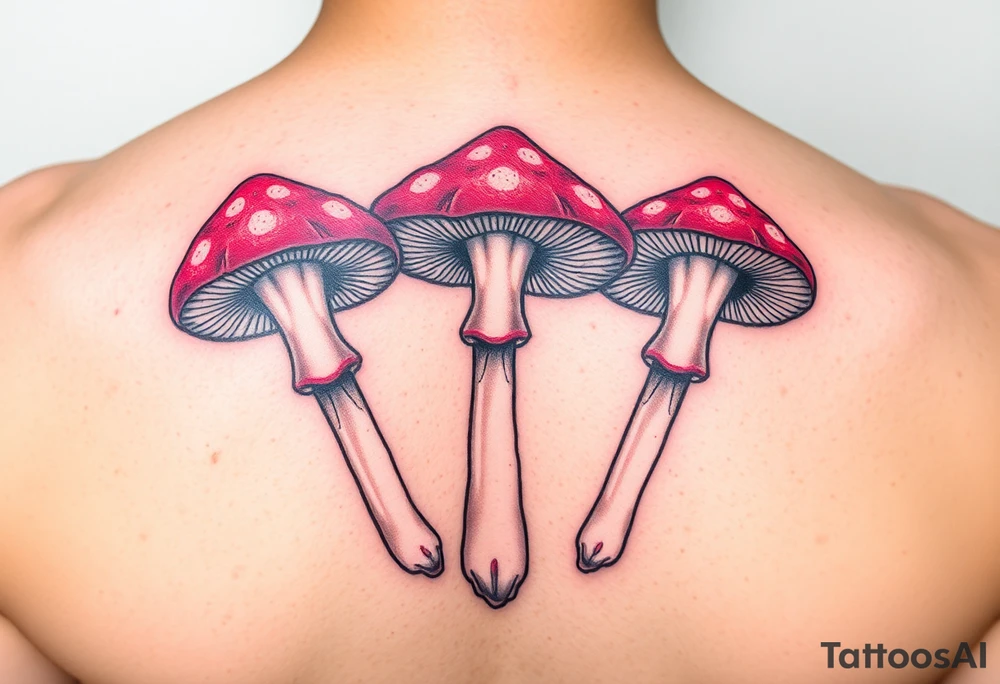 Anaglyph of 3 brightly colored psychedelic mushrooms tattoo idea