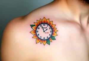 A soft watercolor sunflower wrapped around a clock with name "Vincent" and date "14. 09. 2015", symbolizing warmth and growth, in golden yellows, soft oranges, and green tattoo idea