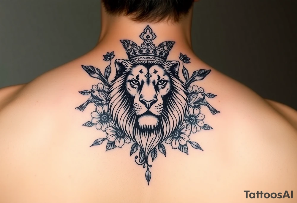 powerful majestic lion with a crown, surrounded by floral ornaments and birds tattoo idea
