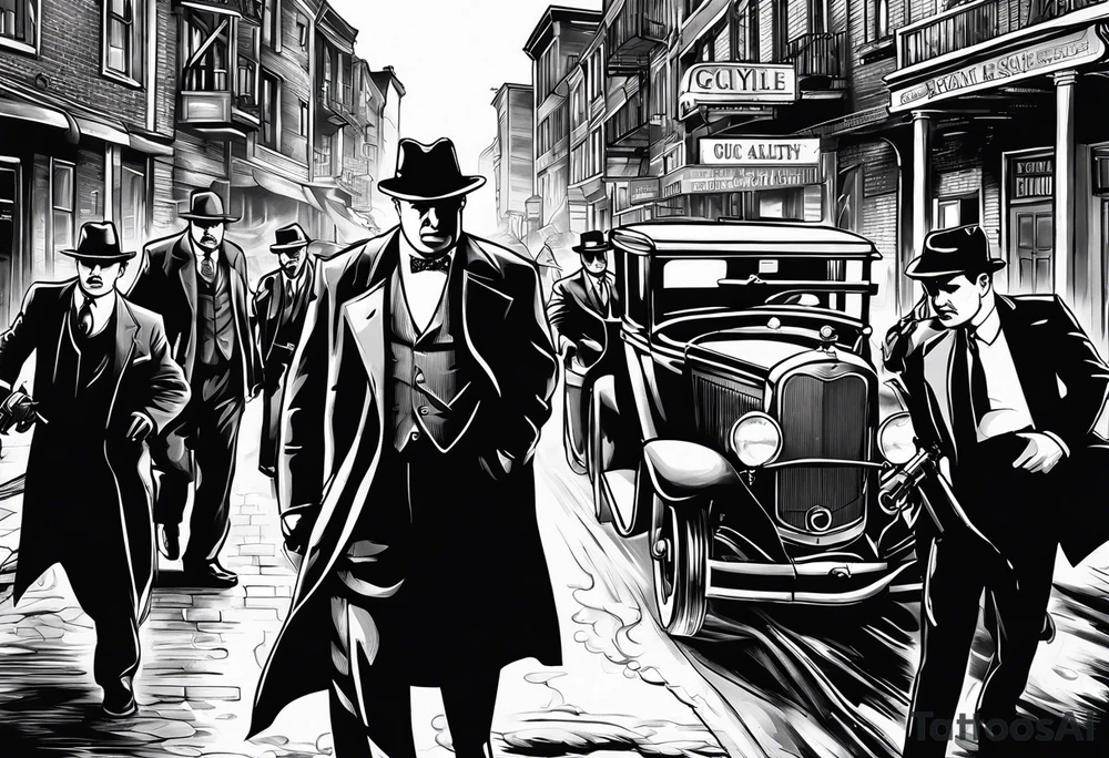 untouchables style gangsters fighting on a 1930s city street, Al capone, bugsy segal, bonnie and clyde, include machine guns, smoke and fire tattoo idea