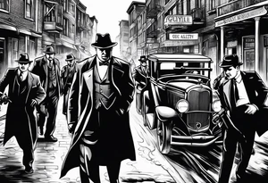 untouchables style gangsters fighting on a 1930s city street, Al capone, bugsy segal, bonnie and clyde, include machine guns, smoke and fire tattoo idea
