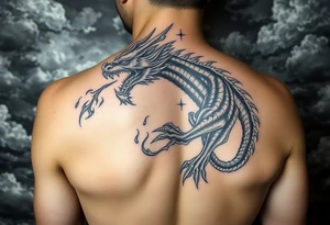 fierce dragon breathing iridescent fire against stormy skies tattoo idea