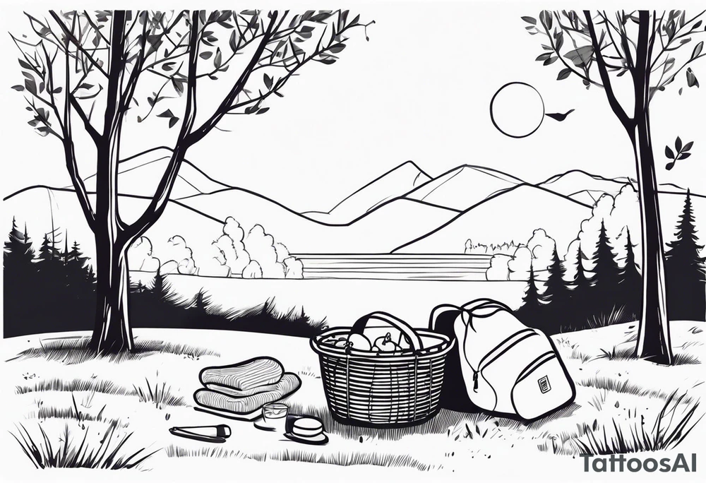 Very light, minimalstic picnic scene in nature. A blanket on the ground with one picnic-basket with lid, one backpack, pillows and tennants in the trees. tattoo idea