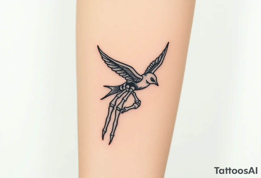 Skeleton hand reaching out of the ocean for a flying swallow tattoo idea