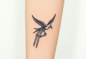 Skeleton hand reaching out of the ocean for a flying swallow tattoo idea