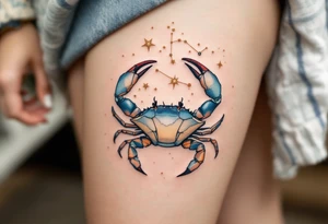 The star constellation of Cancer appears in golden thread style above a softly rendered seafoam crab. tattoo idea