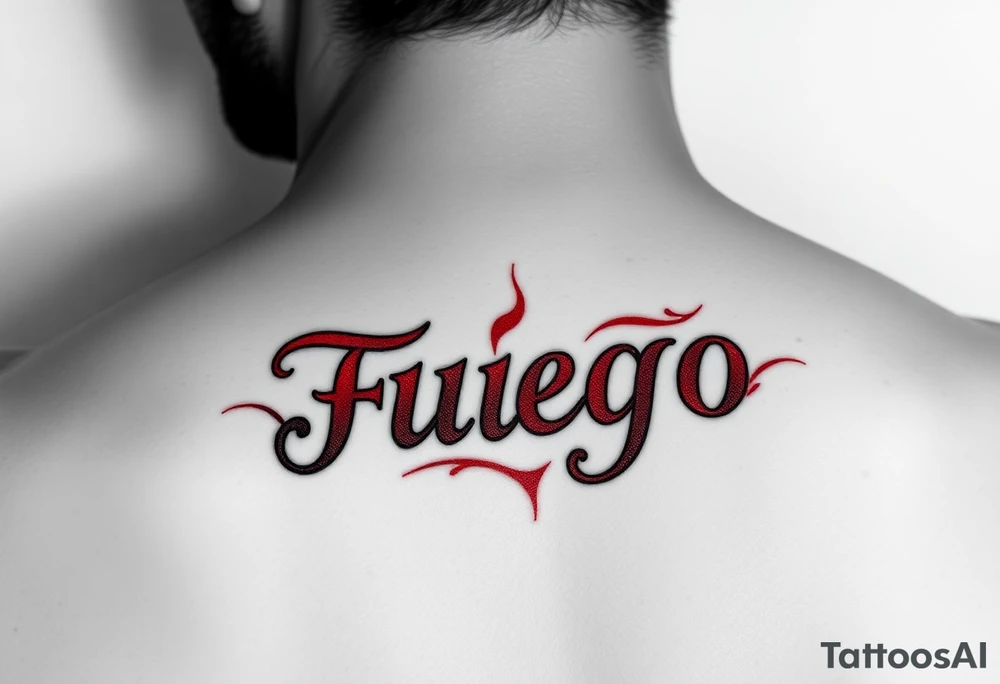 The word Fuego as a small lower back tattoo in red letters tattoo idea