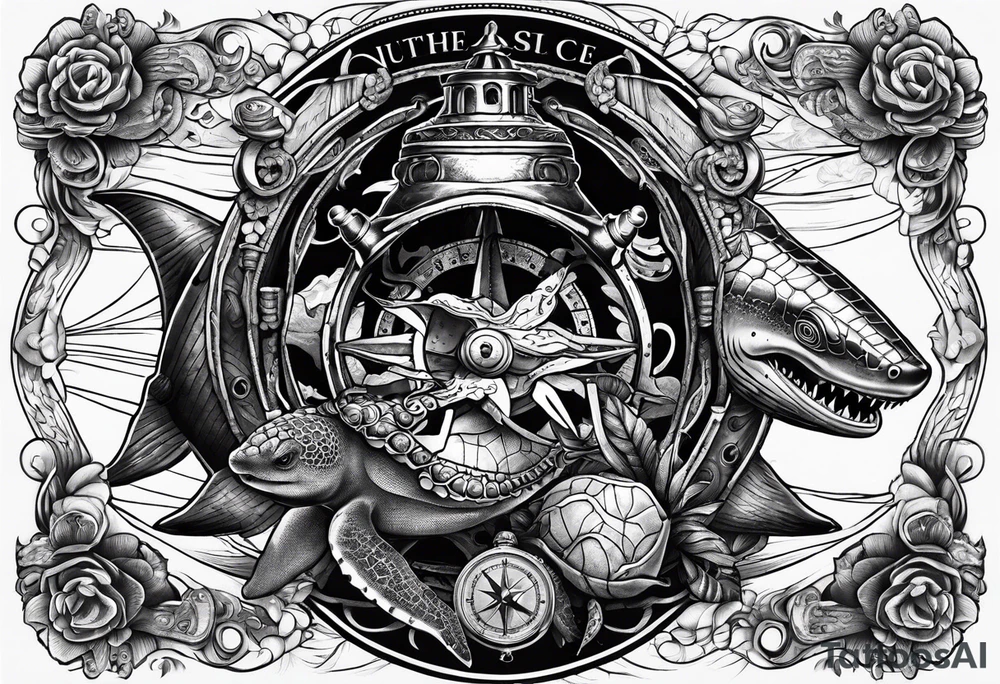 Nautical theme leg tattoo with shark, turtle, treasure map, compass, octopus, bell diver tattoo idea Nautical theme leg tattoo with shark, turtle, treasure map, compass, octopus, bell diver tattoo idea