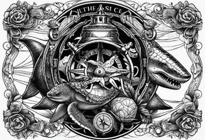 Nautical theme leg tattoo with shark, turtle, treasure map, compass, octopus, bell diver tattoo idea