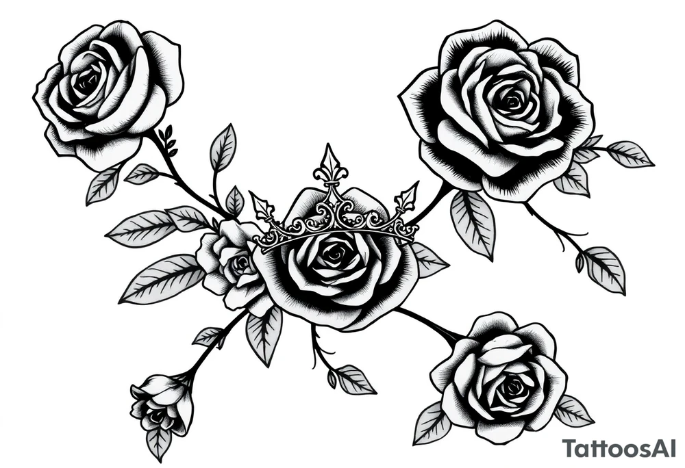 detailed beautiful gothic boho flowers and roses on vine with gorgeous crown ornamental tattoo idea