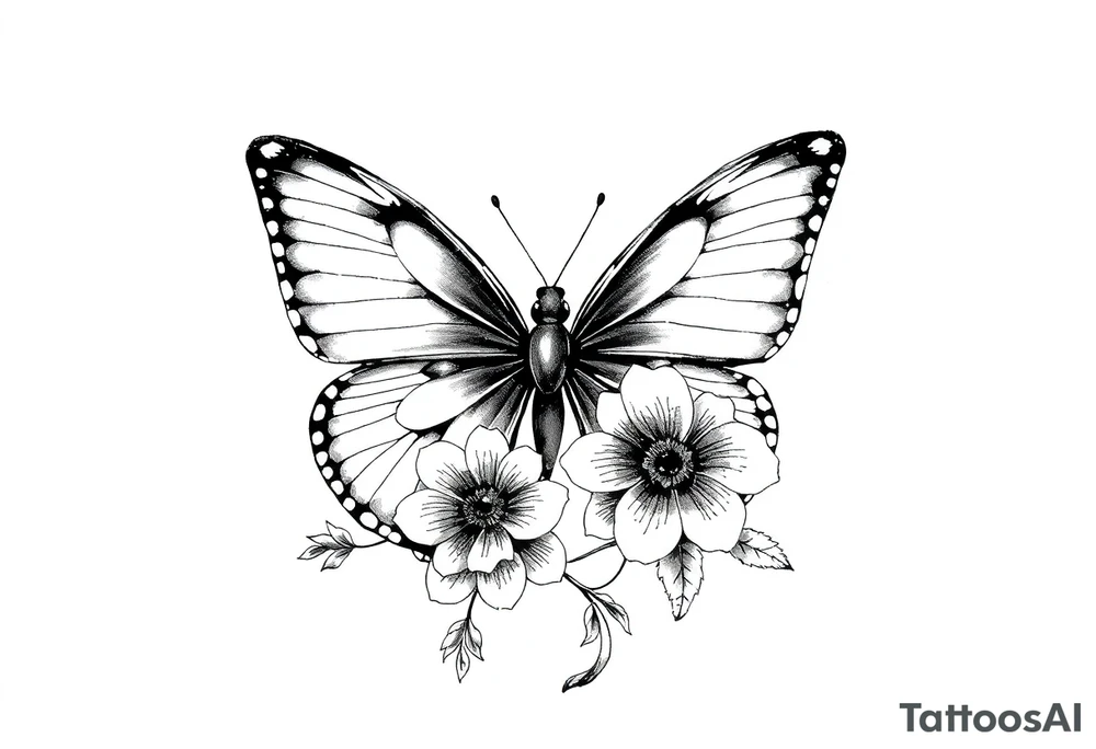 blackink work and shading butterfly with flowers tattoo idea