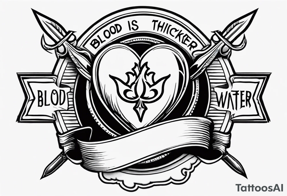 Heart pierced with daggers with a banner saying “blood is thicker than water “ tattoo idea