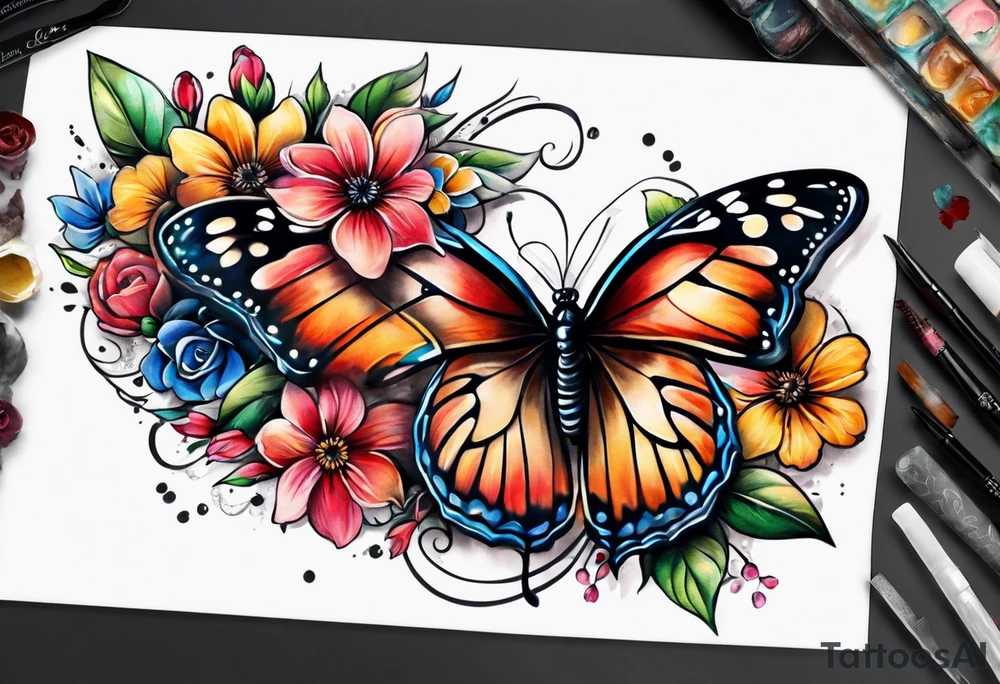 Sleeve with butterflies and colorful flowers tattoo idea