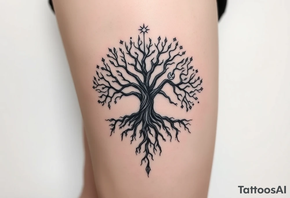 mystical tree of life with cosmic roots and celestial branches tattoo idea