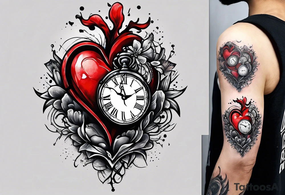 broken heart with clock in middle.
Clock hands on 8 and 5.
Never Say Never written on tattoo tattoo idea