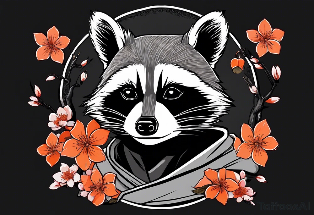 Raccoon wearing a white Superman logo on a black hoodie and orange Japanese cherry blossoms beside tattoo idea