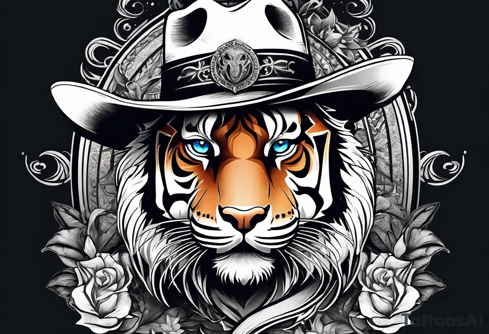 Tiger wearing a crown, blue eyes, cowboy boots with cowboy hat, dolphin and music notes sleeve tattoo idea