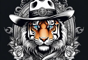 Tiger wearing a crown, blue eyes, cowboy boots with cowboy hat, dolphin and music notes sleeve tattoo idea