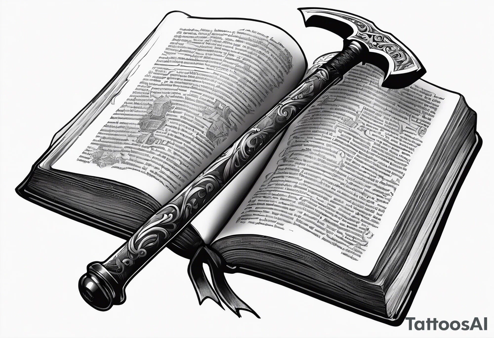 An opened bible with a battle Axe tattoo idea