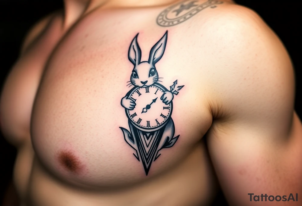 Geometrical rabbit holding a clock tattoo idea
