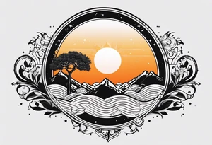 I want it in a vertical line one end to start with a tree then connect to a boomerang then connect to mountains then connect to the sun tattoo idea