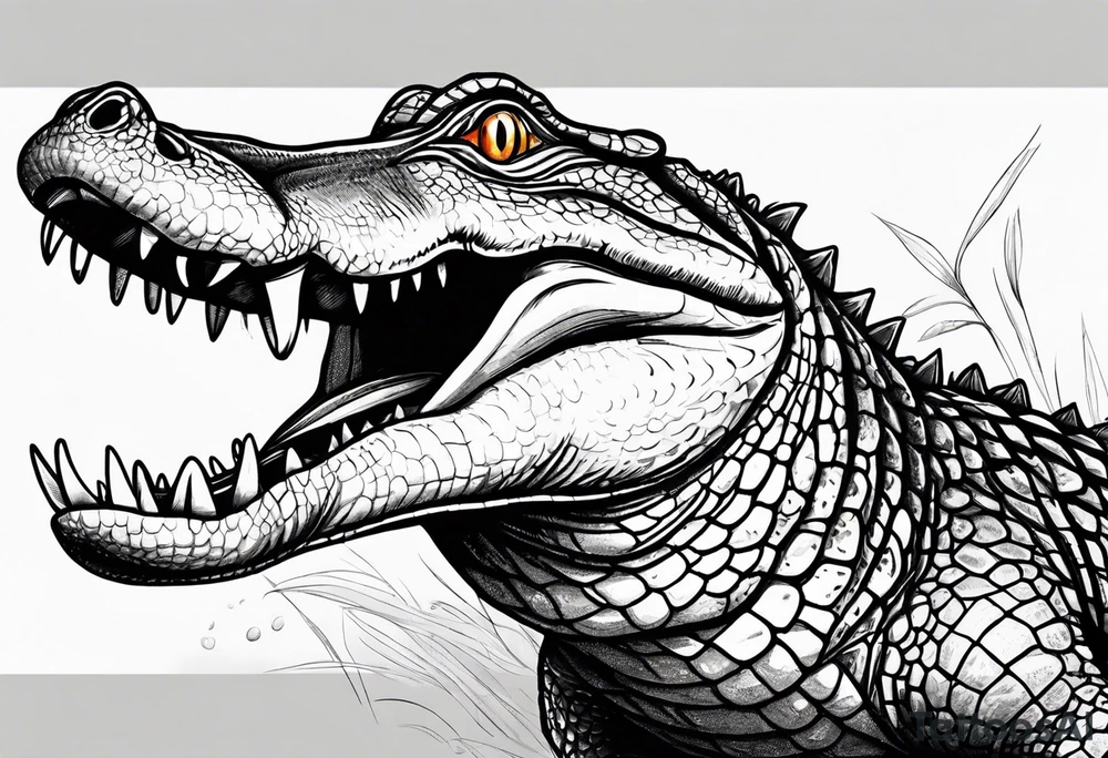 Alligator with its mouth open while a bird is standing on its teeth. Baby gators om the side looking at the bird tattoo idea