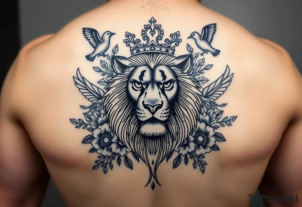 powerful majestic lion with a crown, surrounded by floral ornaments and birds tattoo idea