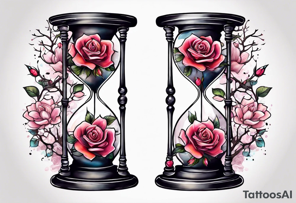 Rose on hourglass with sakura tree inside tattoo idea