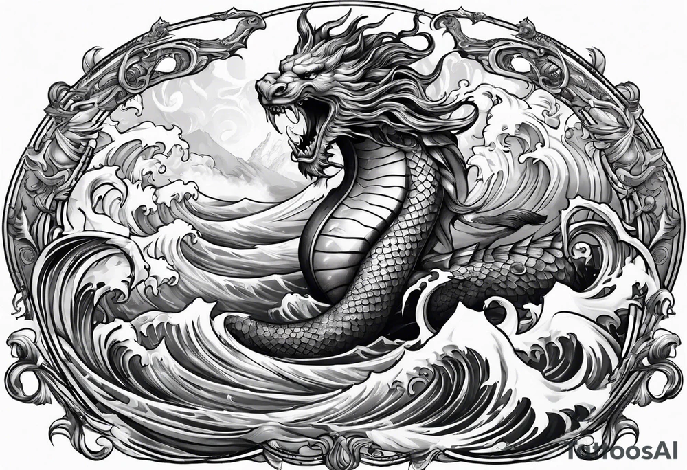 Poseidon holding a trident in stormy water surrounded by sirens and a sea serpent tattoo idea