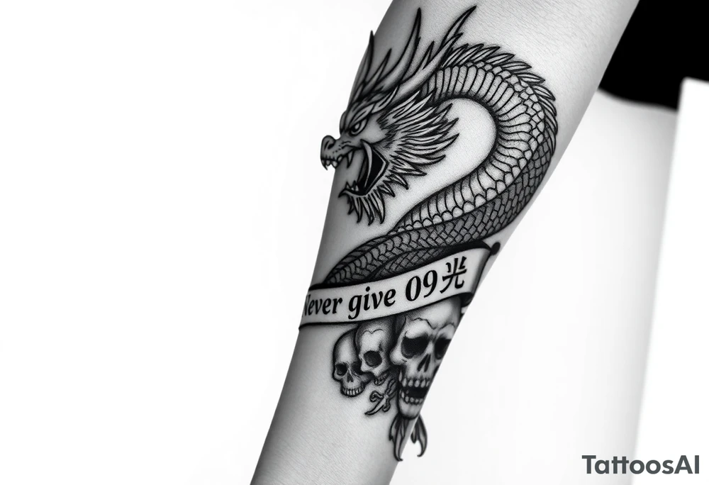 i want a big dragon on the forearm that wraps around the forearm with its tail. No wings. I want to be chinese and looking angry. I want a skull or some skulls involved in the tattoo. I want a banner that has «Never give up» written on it in chinese letters. I want the numbers 99/04 somewhere on it aswell. need it to be really big and cover the whole forearm tattoo idea