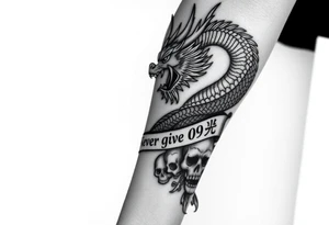 i want a big dragon on the forearm that wraps around the forearm with its tail. No wings. I want to be chinese and looking angry. I want a skull or some skulls involved in the tattoo. I want a banner that has «Never give up» written on it in chinese letters. I want the numbers 99/04 somewhere on it aswell. need it to be really big and cover the whole forearm tattoo idea