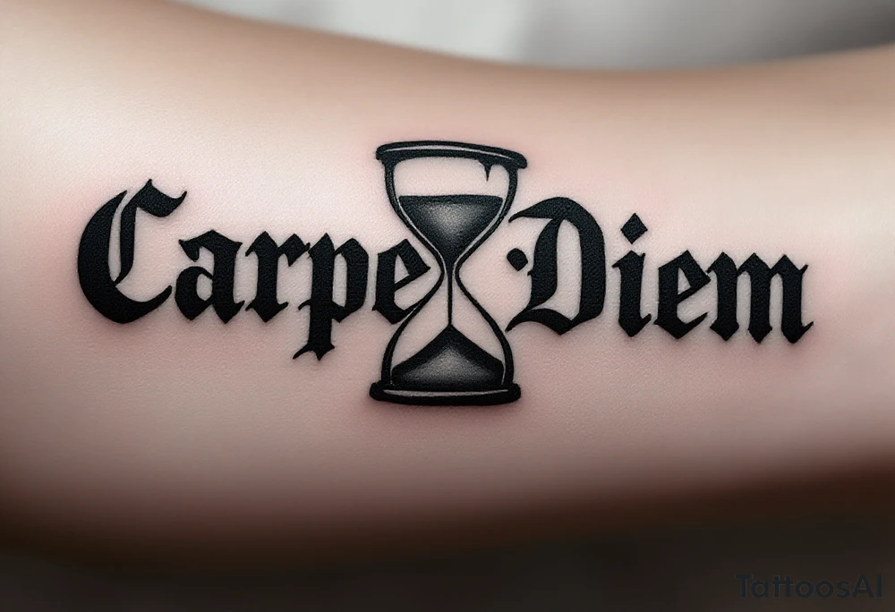 Classic black serif font "Carpe Diem" etched beneath a realistic grayscale hourglass dripping sand. tattoo idea