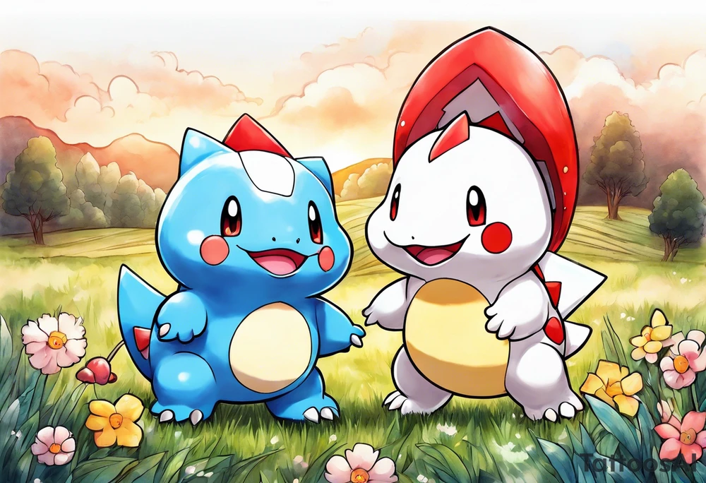 Original Togepi and original totodile playing together in a field tattoo idea