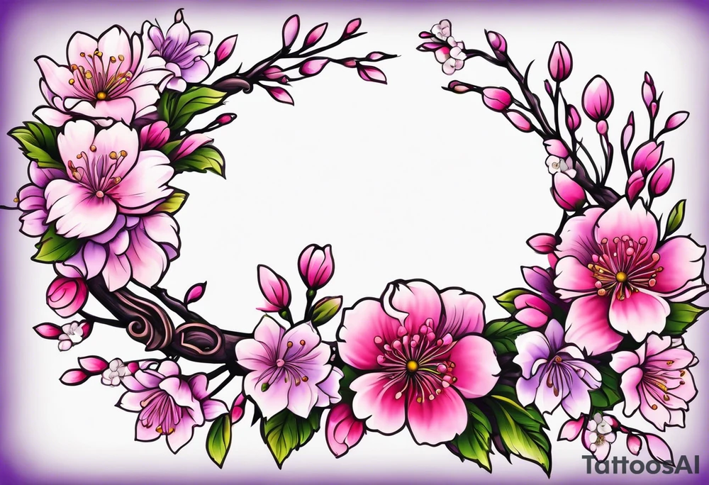Flower wreath cherry blossoms pinks and purples tattoo idea