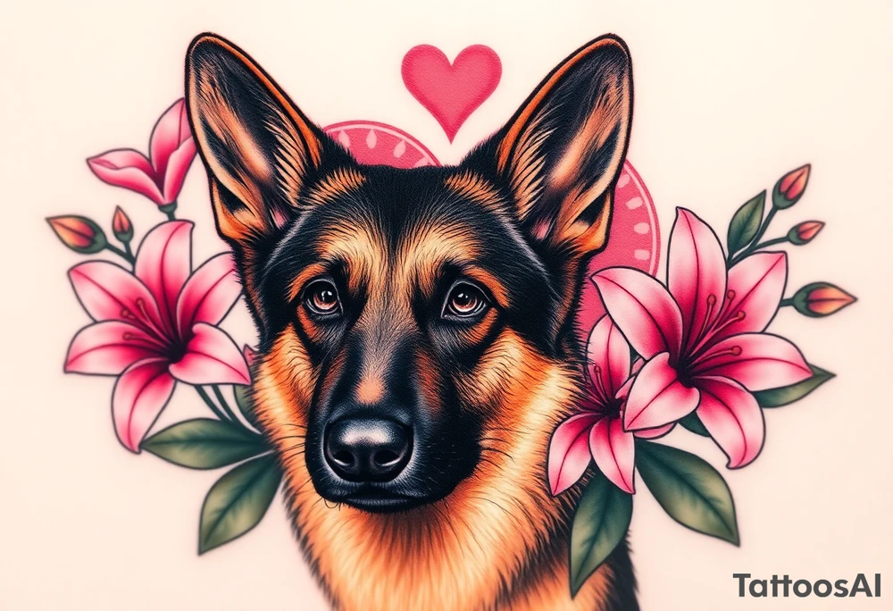 realistic german shepherd with alert ears looking protective surrounded by pink lilies with leaves in front of a sacred heart tattoo idea