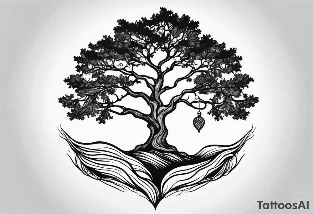 One line tattoo of oak tree with little gift at the bottom tattoo idea
