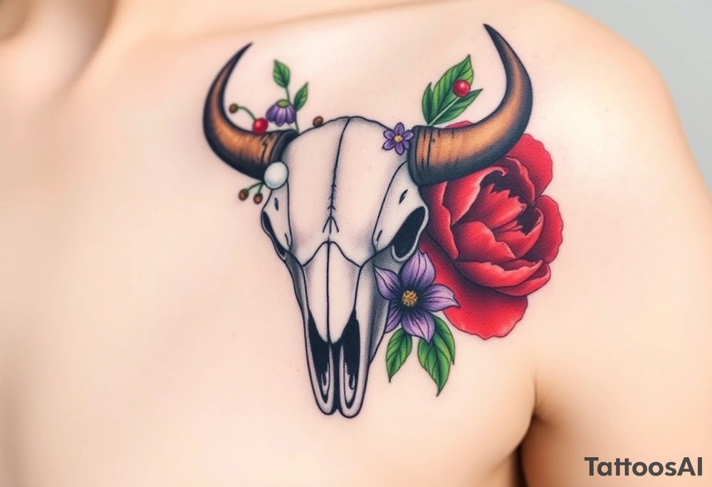 Buffalo or bison skull with flowers. Snow drop and red peony. Green holly with red berries, purple larkspur, red peony.  Colour. For upper arm or shoulder. tattoo idea