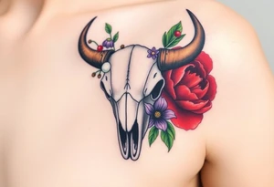 Buffalo or bison skull with flowers. Snow drop and red peony. Green holly with red berries, purple larkspur, red peony.  Colour. For upper arm or shoulder. tattoo idea