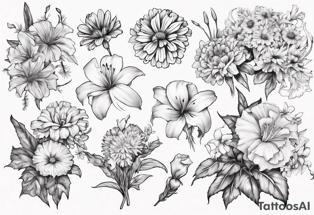 Bouquet including marigolds, lilies, morning glories, asters, violets, and carnations tattoo idea