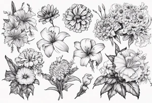 Bouquet including marigolds, lilies, morning glories, asters, violets, and carnations tattoo idea