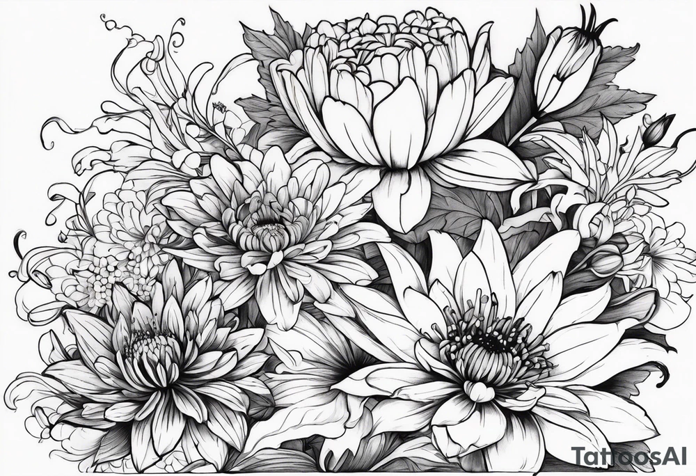 Lillies, roses, asters, chrysanthemums tattoo idea