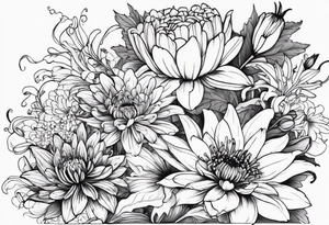 Lillies, roses, asters, chrysanthemums tattoo idea