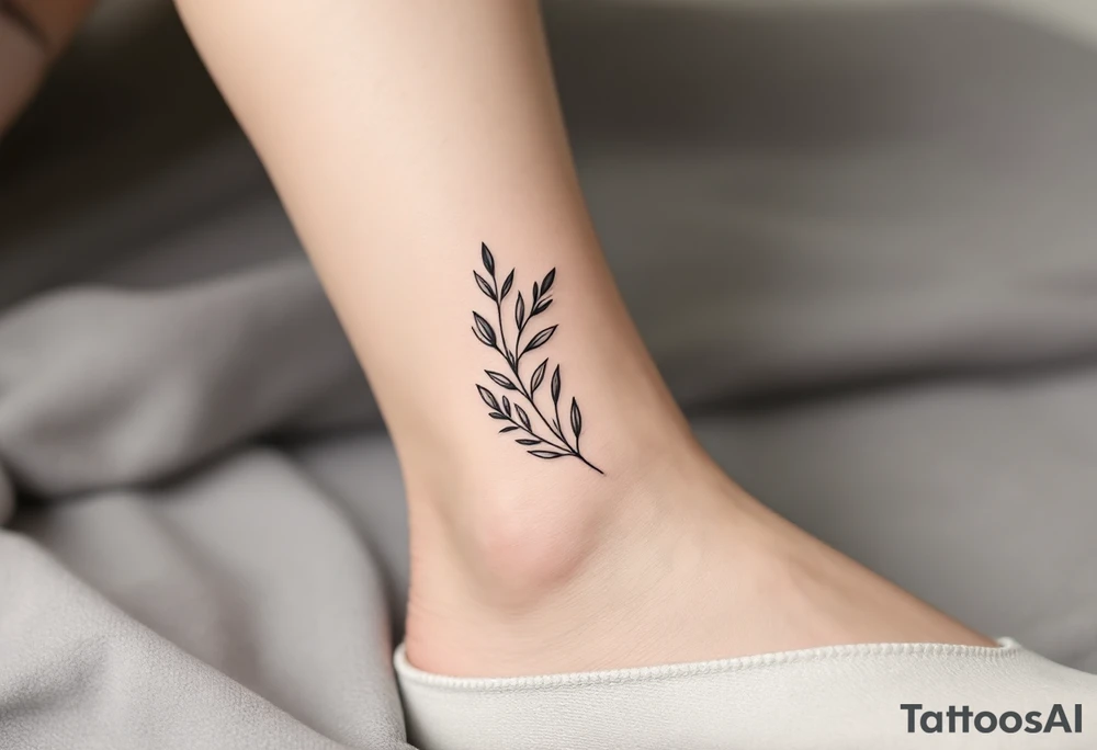 Tiny I.I.MCML on the ankle in black, paired with grayscale olive branches extending around the leg tattoo idea