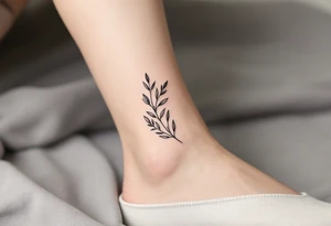 Tiny I.I.MCML on the ankle in black, paired with grayscale olive branches extending around the leg tattoo idea